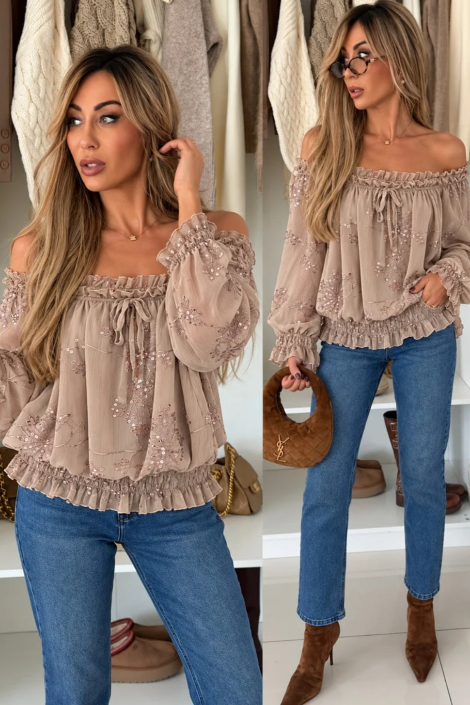 Blus med broderi och paljetter Beige