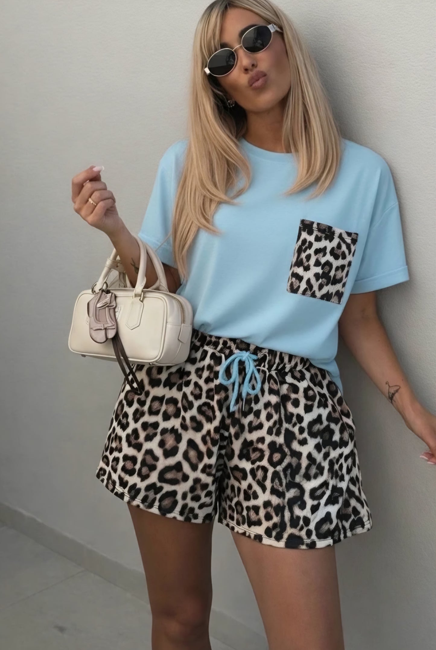 Leopardmönstrade shorts set, Blå
