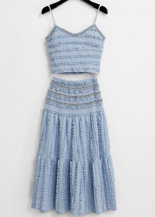 Set, topp+kjol med strassdetalj Blå