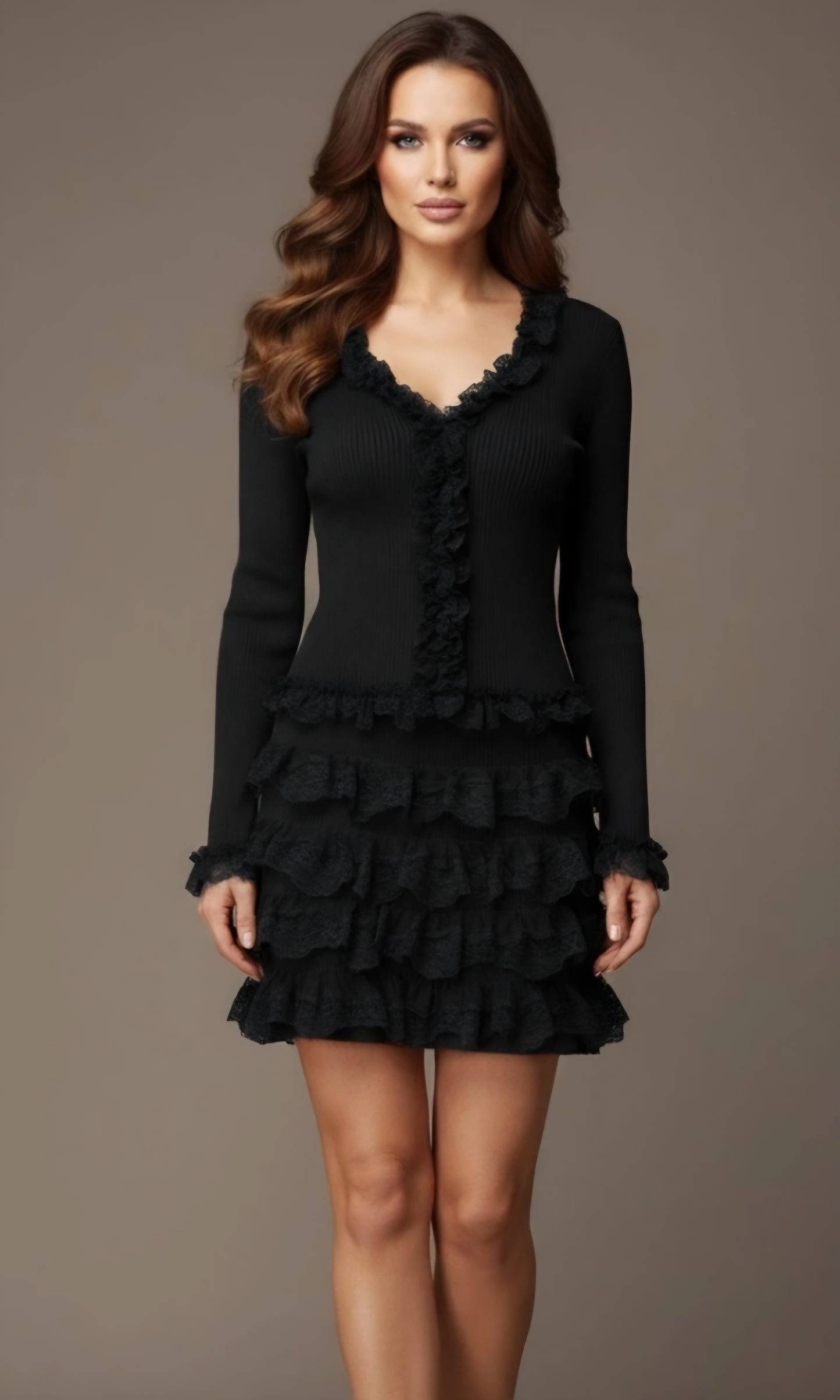 Elegant set, Kjol+topp med spetsvolanger Svart