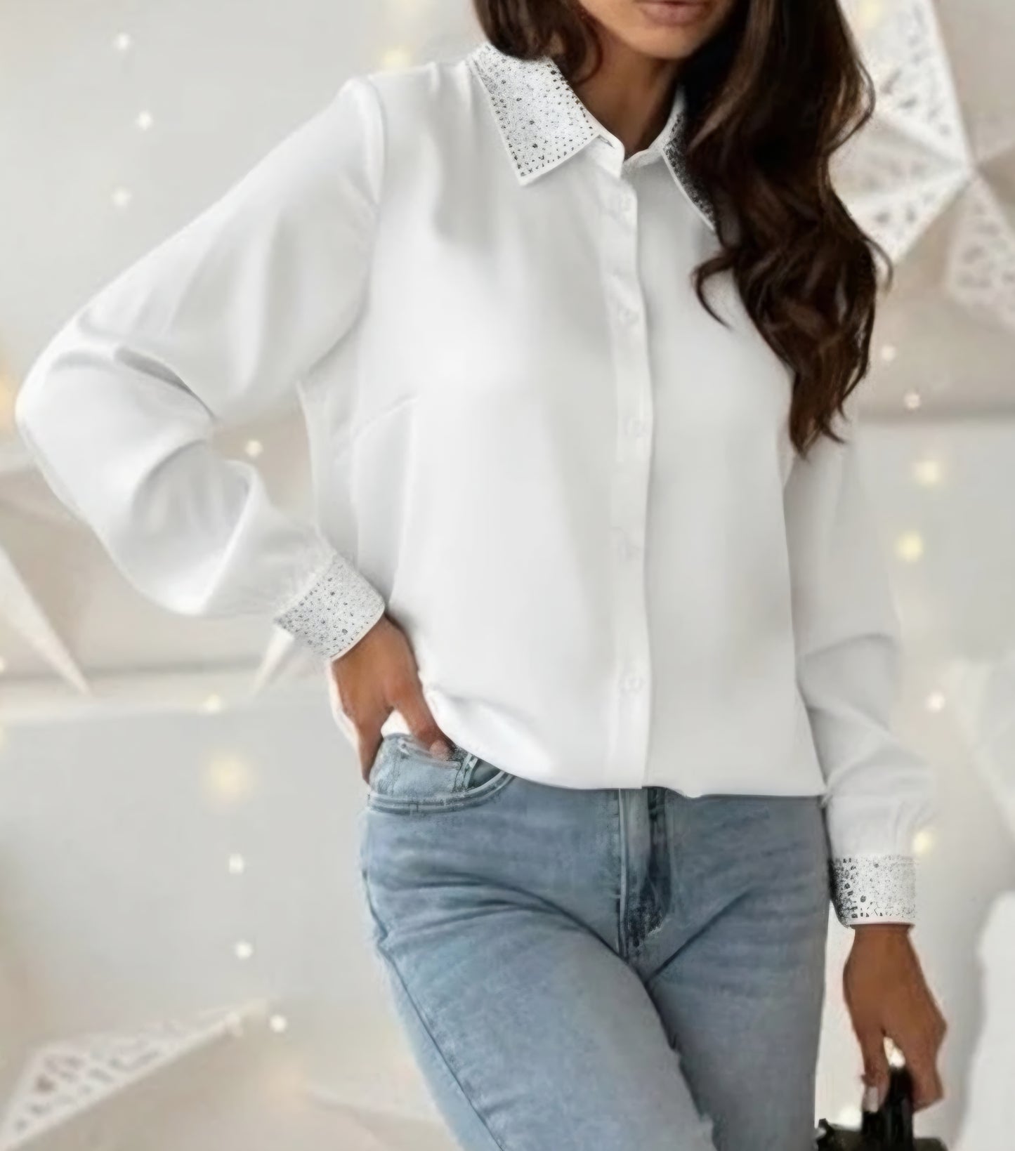 Satinskjorta med krage strass, Vit