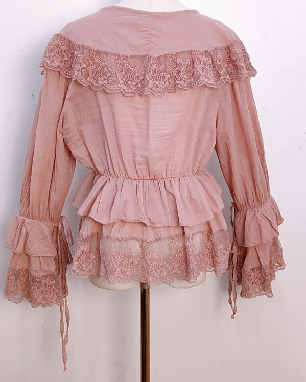 Blus med spetskrage Dystypink