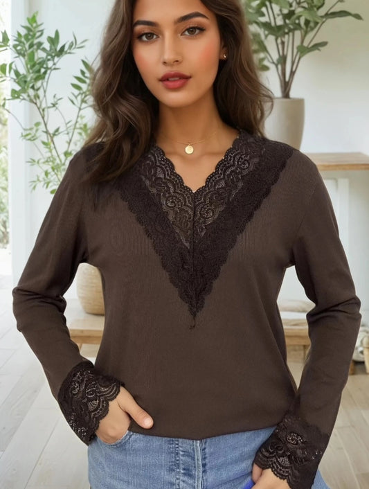 Extra stretchig Topp med spets Brun