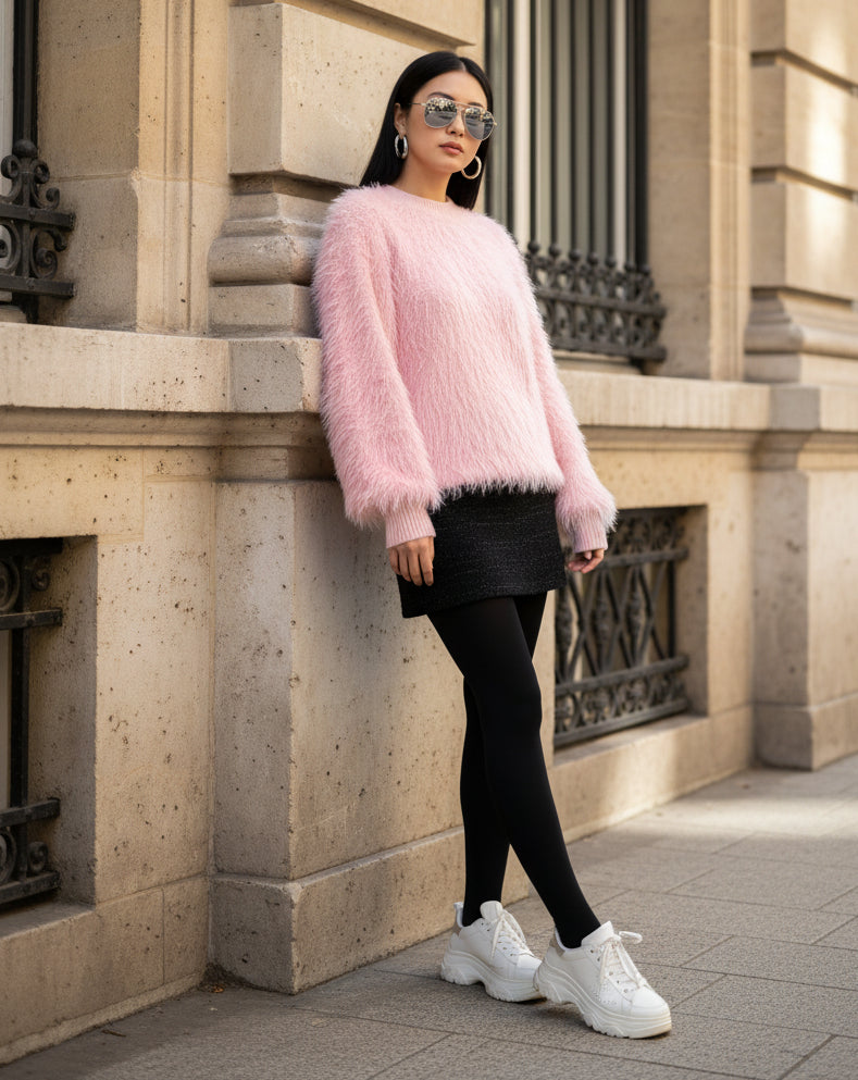 Fluffig tröja med rund hals Rosa