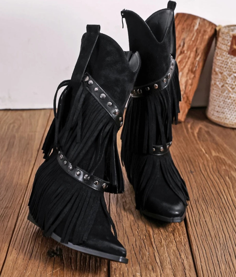 Fransiga cowboystövlar, avtagbara fransar Svart