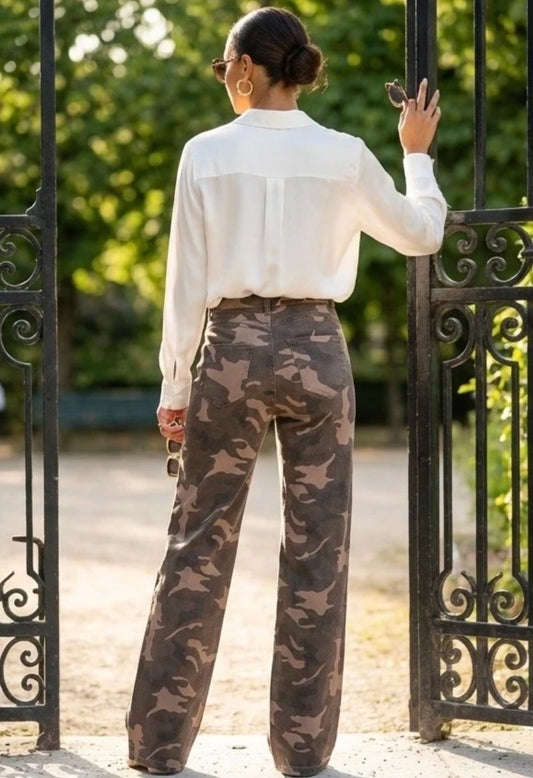 Vida stretchjeans med gyllene knappar Camouflage