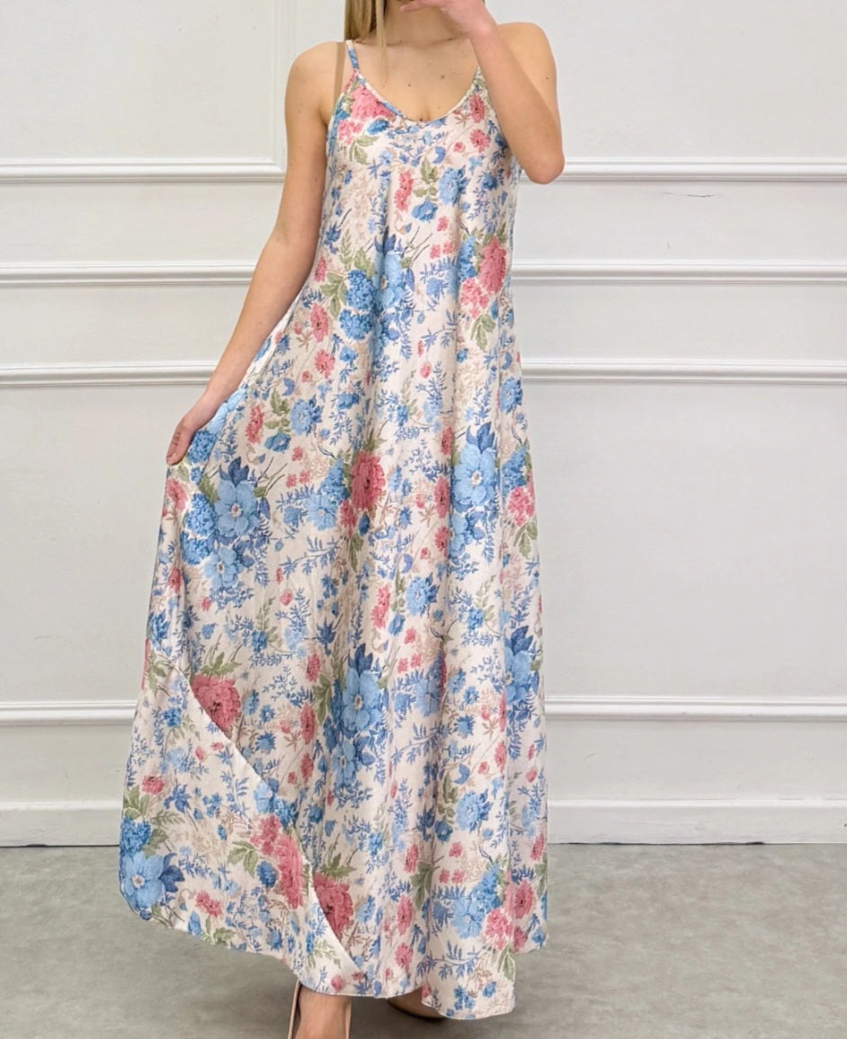 LÅNG KLÄNNING SATIN, BLOMMIG Ljusblå