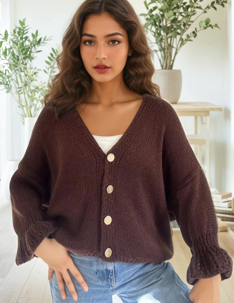 Fluffig stickad kofta Brun