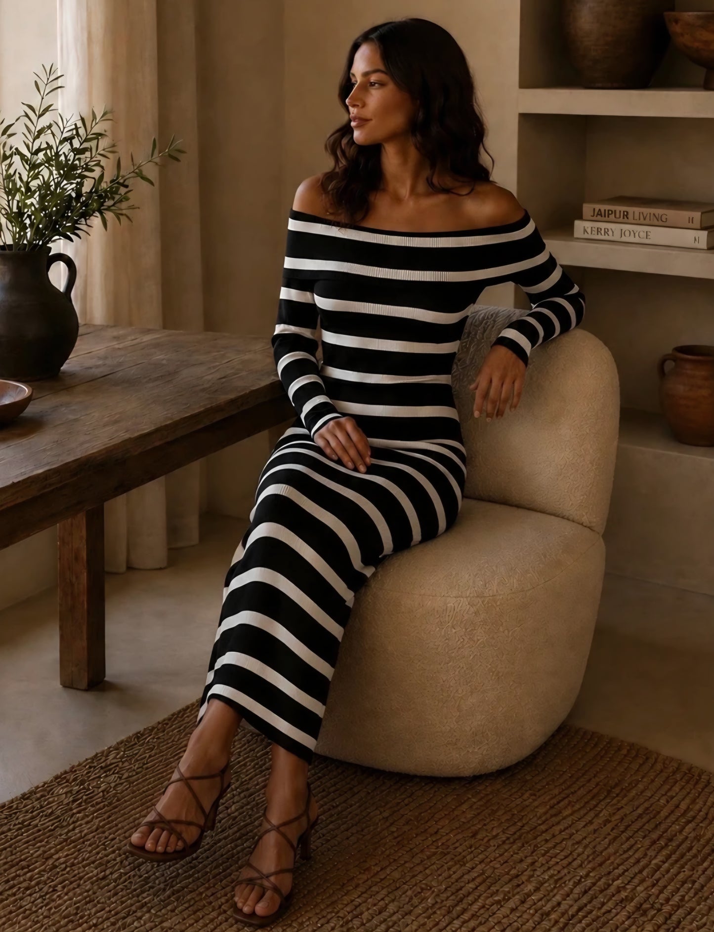 Randig Stickad Bodycon klänning, Bara Axlar Svart