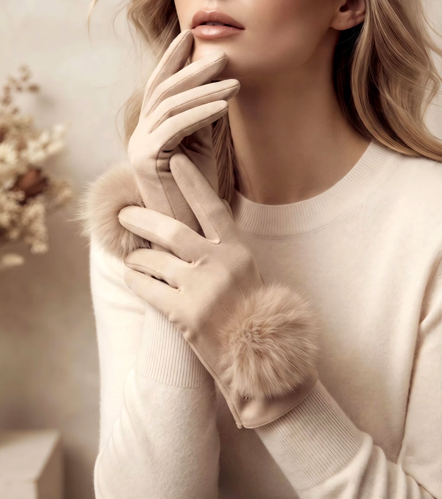 Handskar pompom Beige