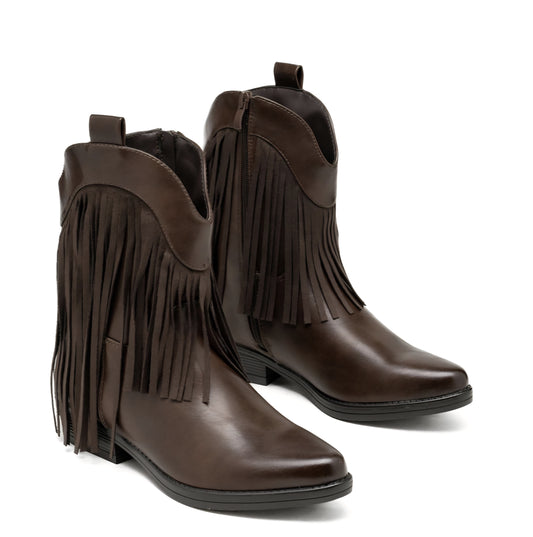 Coffee stövlar i konstläder med mockafransar