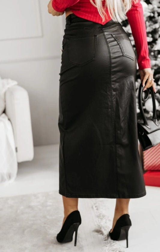 Super stretchig Konstläder Kjol, guldfärgade knappar