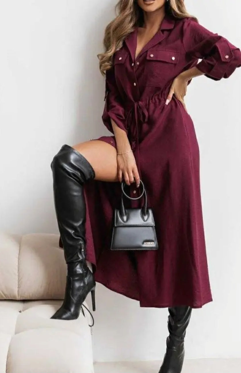 Lång skjortklänning Vinröd