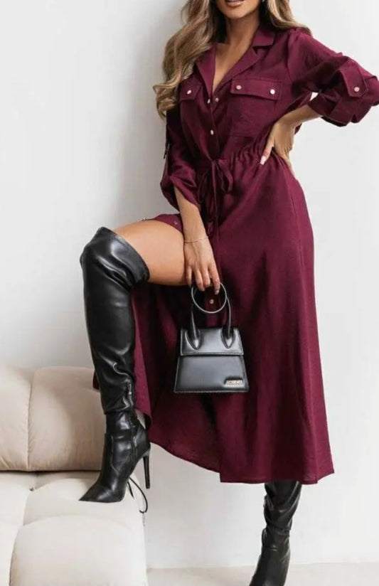 Lång skjortklänning Vinröd