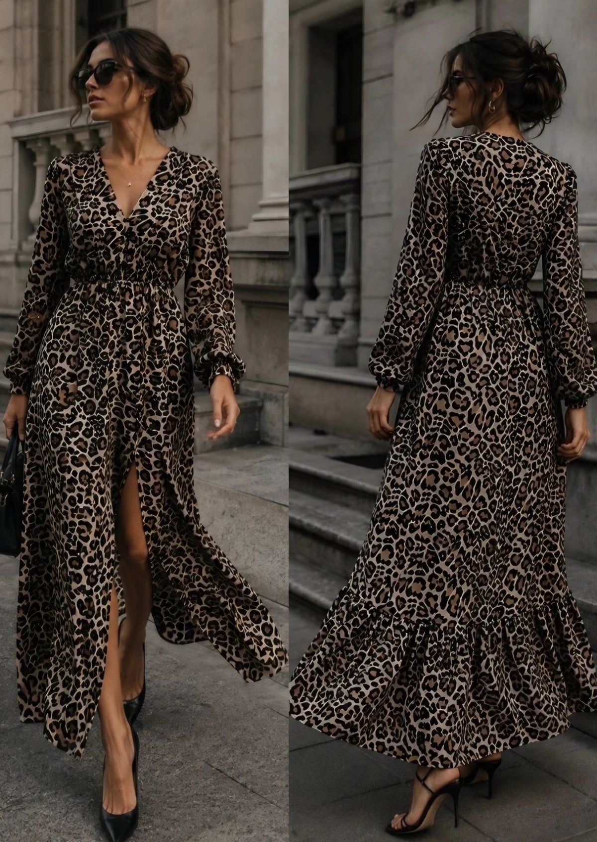 Lång mönstrad V-ringad klänning Leopard