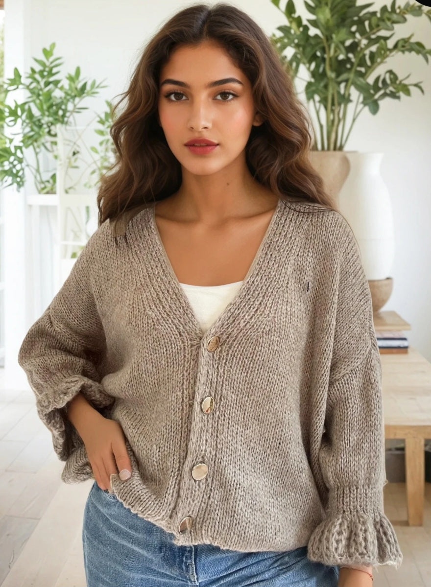Fluffig stickad kofta Taupe
