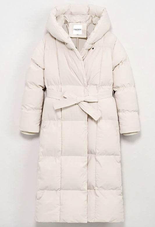Lång quiltadjacka med bälte, huva Beige