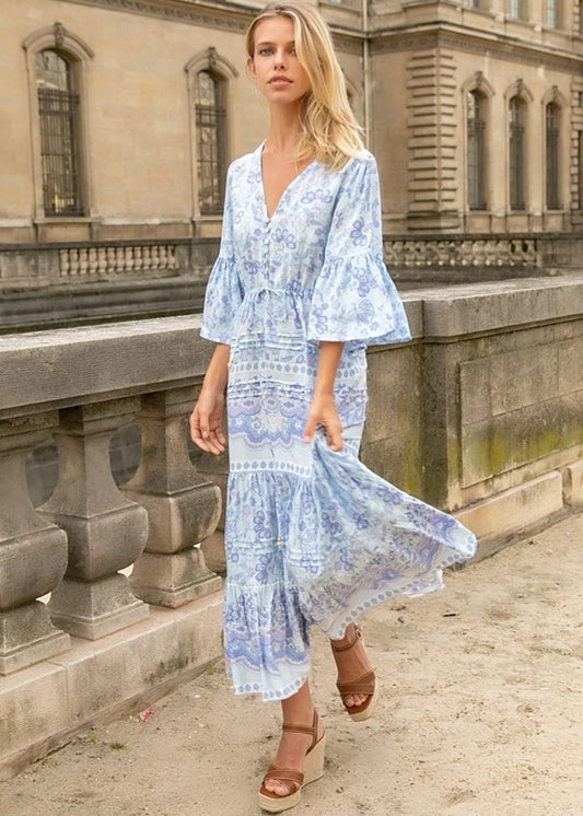 Lång blommig klänning Blå