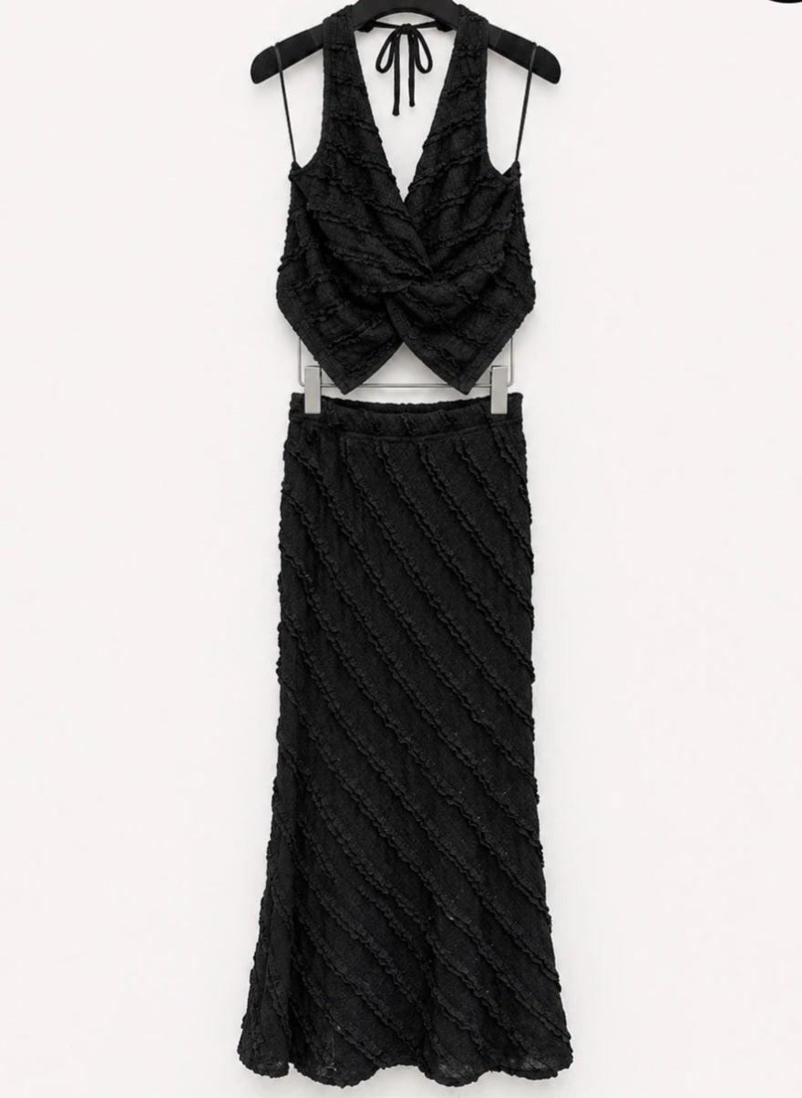 Elegant set lång kjol och knuten topp Svart