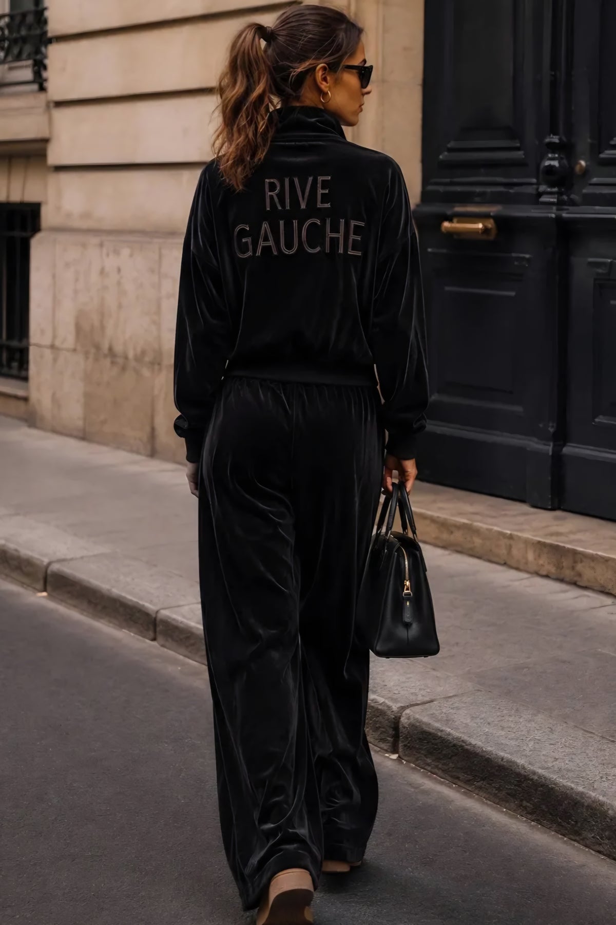 SVART set i sammet Rive Gauche – Jacka med dragkedja och byxor med vida ben