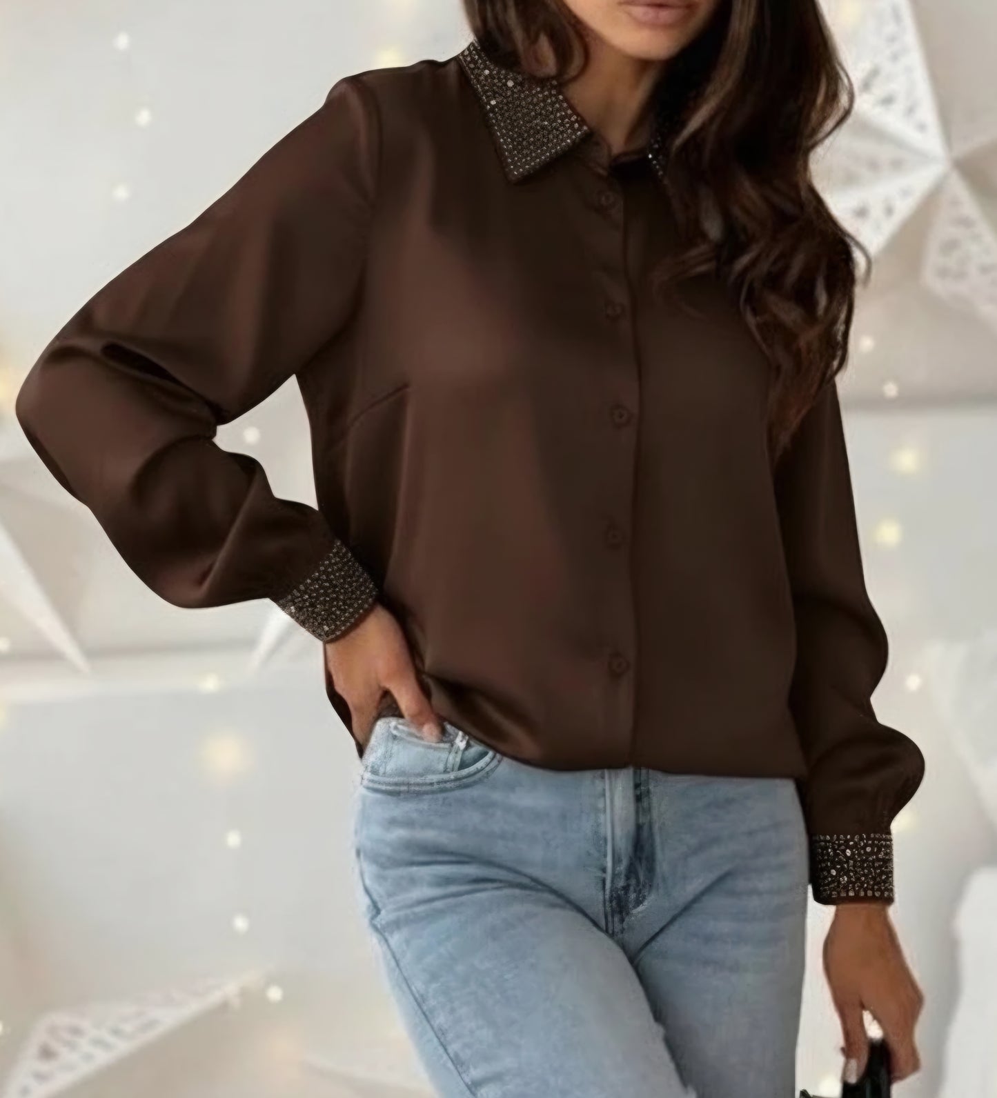 Satinskjorta med krage strass, Brun