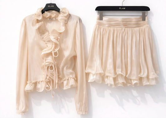 Set, volanger kjol/shorts+Blus Beige/Rosa