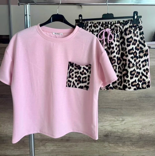 Leopardmönstrade shorts set, Rosa