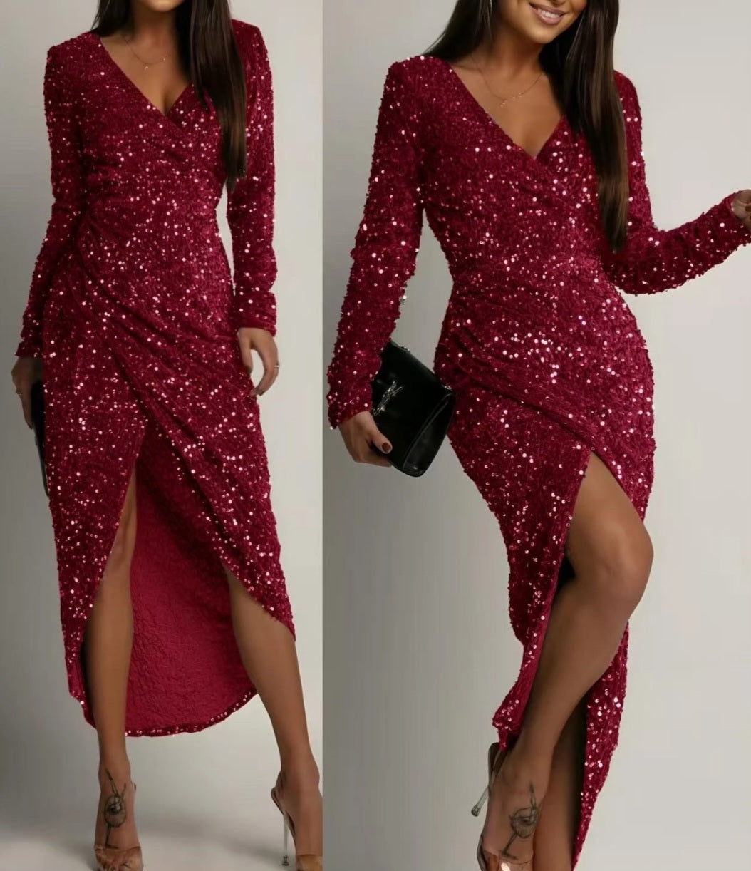 Lång paljettklänning med långa ärmar Vinröd