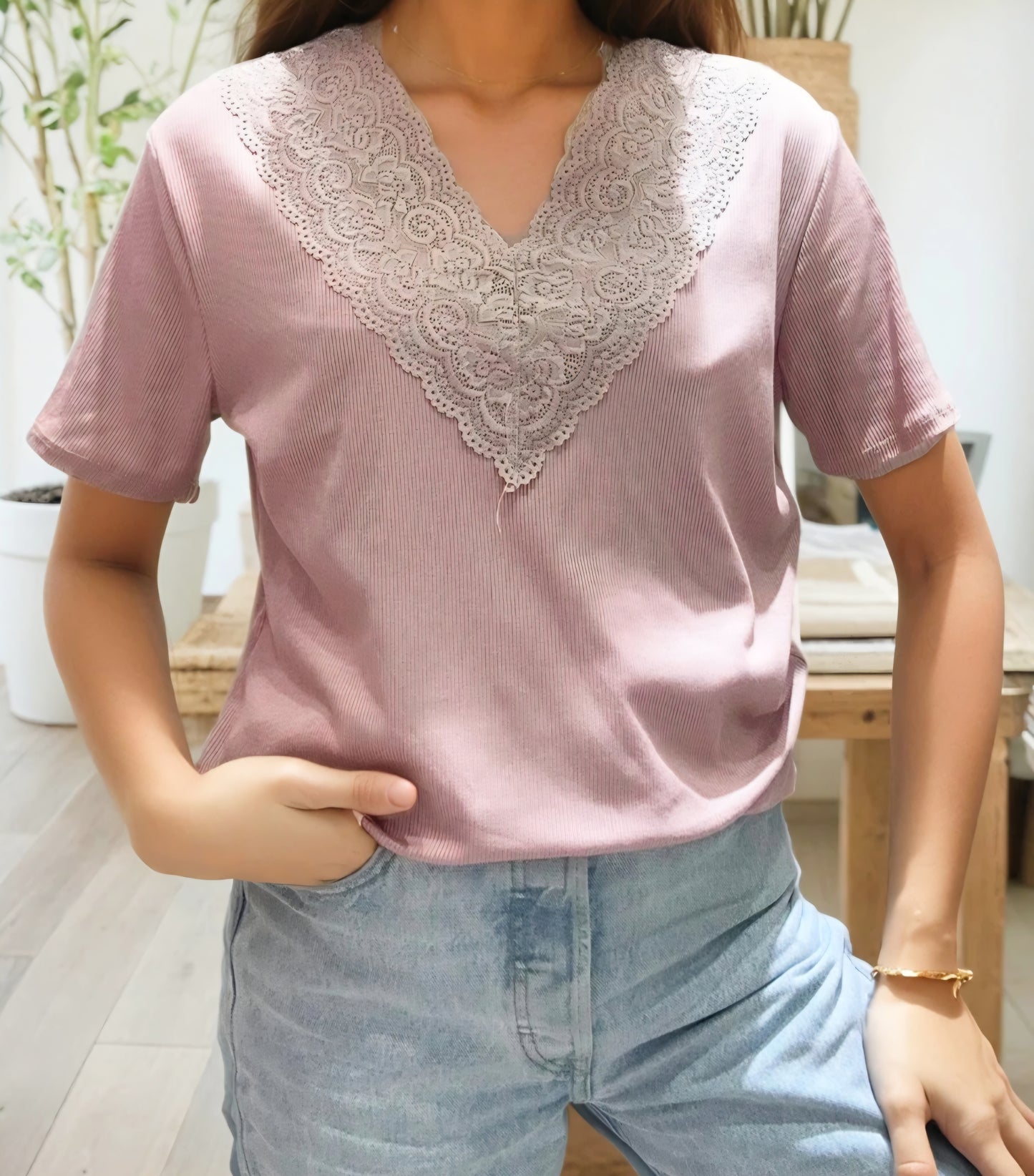 Extra stretchig Ljusrosa ribbad t-shirt/lång