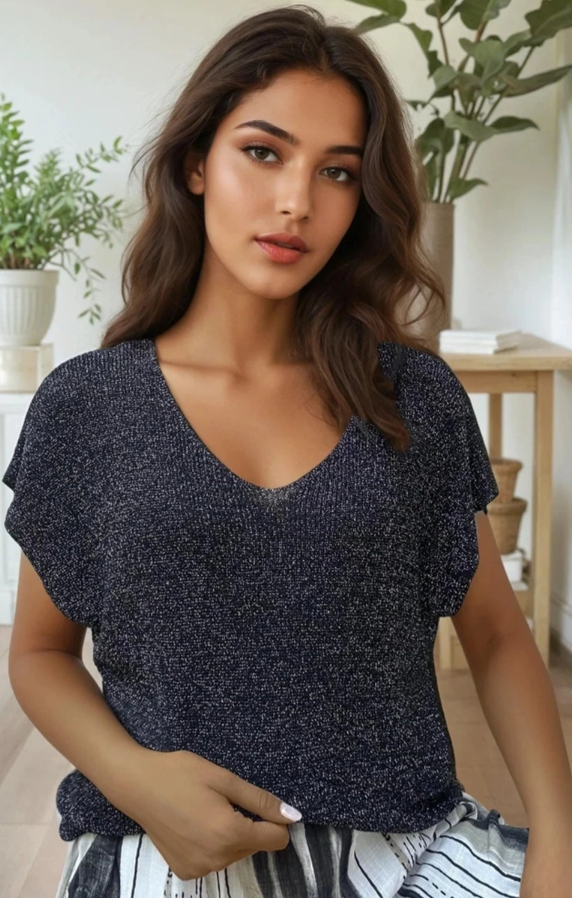 Topp i finstickad lurex Svart