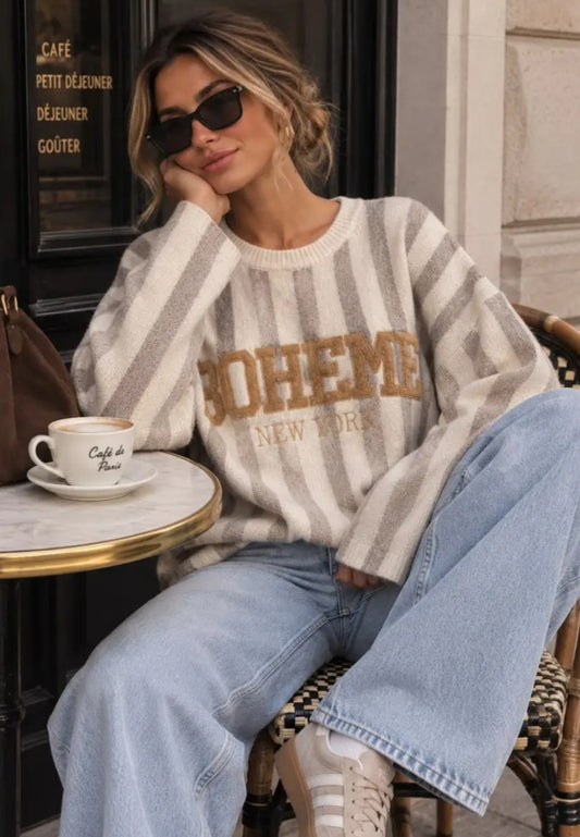 Boheme randig stickad tröja med broderi Beige