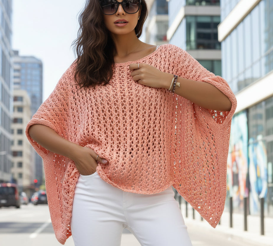 Stickad topp i poncho-stil Aprikos