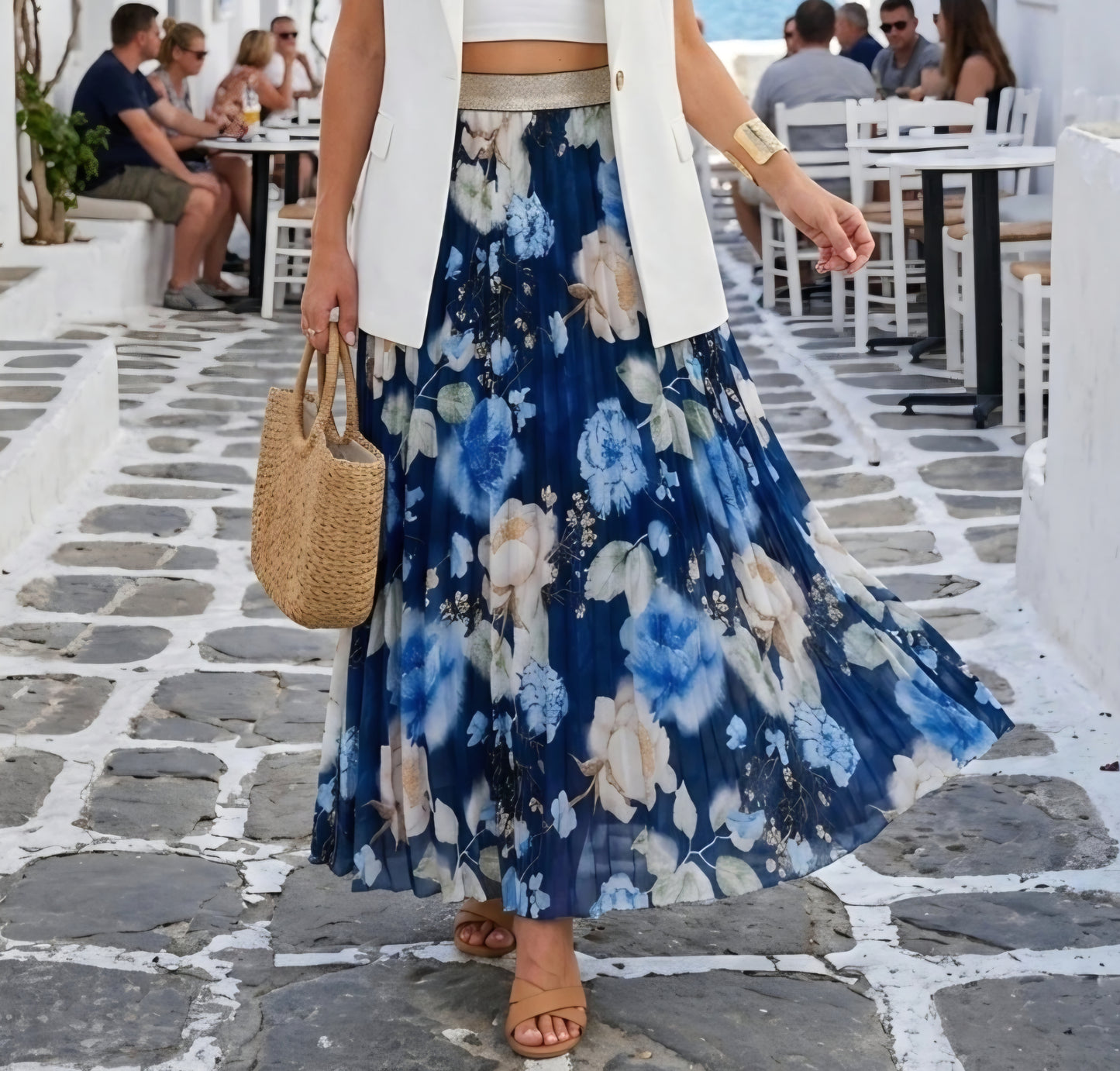 Plisserad maxikjol Flower Marinblå