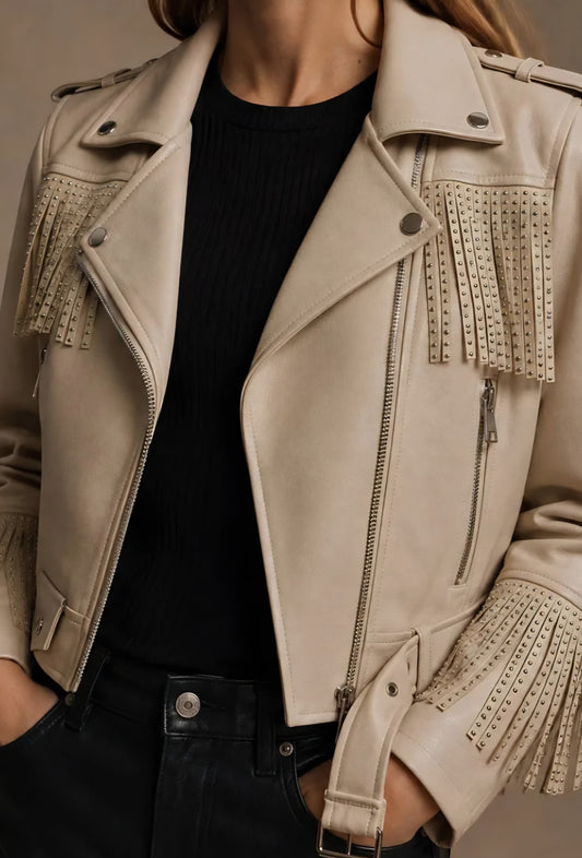 Jacka i konstläder med fransar Beige