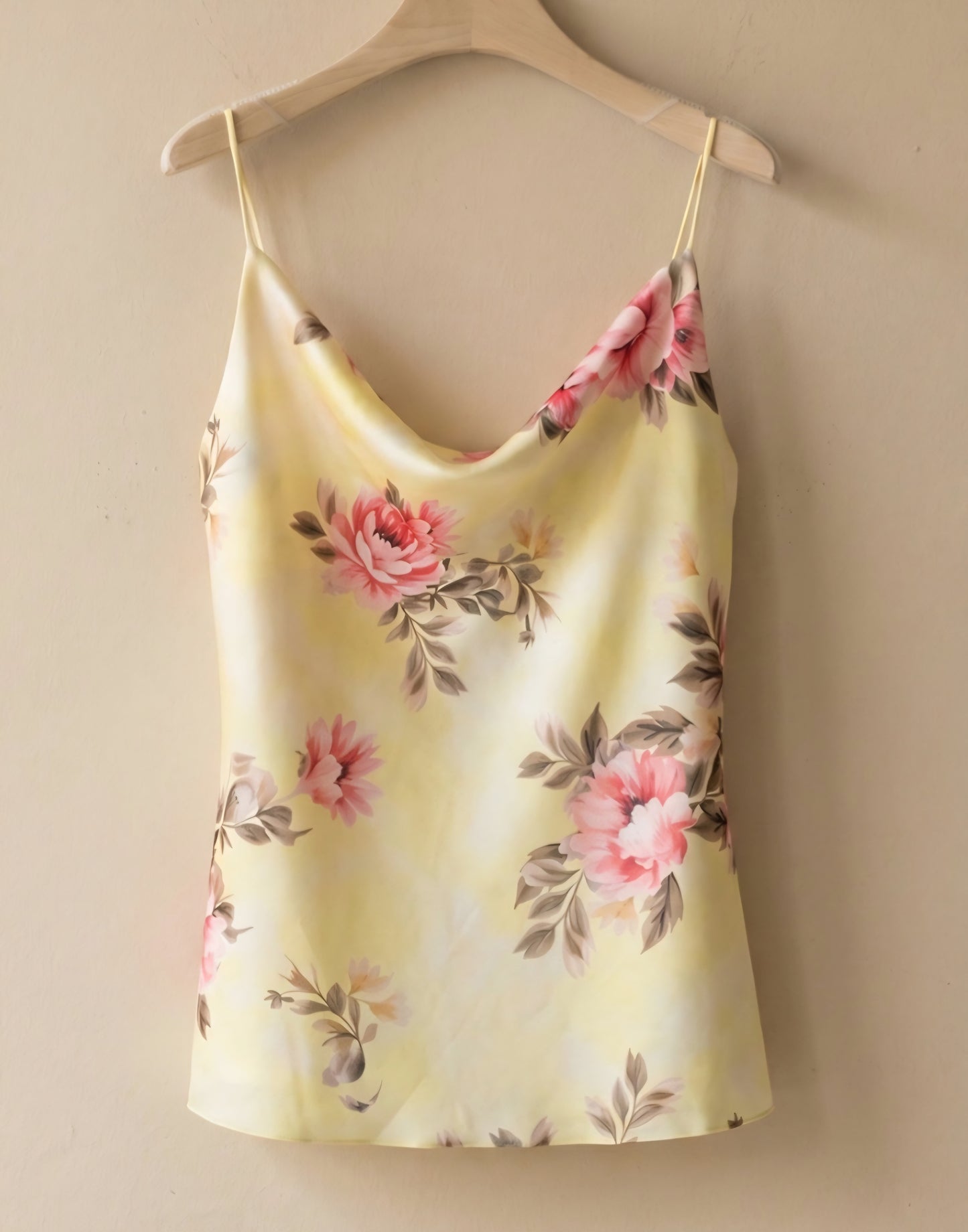 Satin topp med blommönster Gul