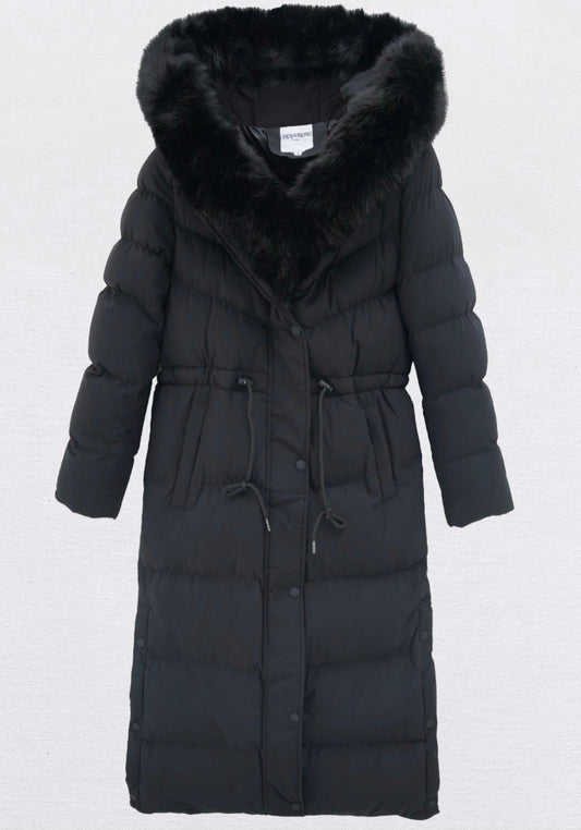 Lång dunjacka Bella med pälsfodrad huva och dragsko Svart