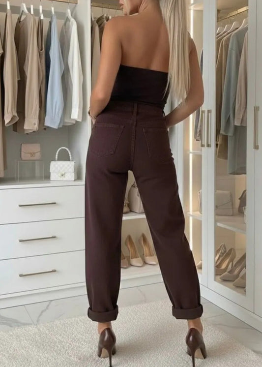 Högmidjade byxor med ballongform – stretchigt tyg Brun