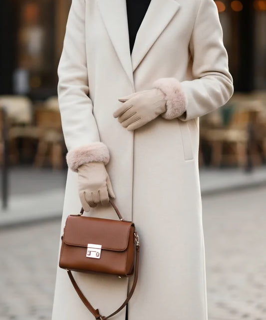 Handske med fuskpäls Beige