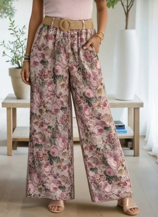 Blommiga palazzobyxor Med Skärp Rosa