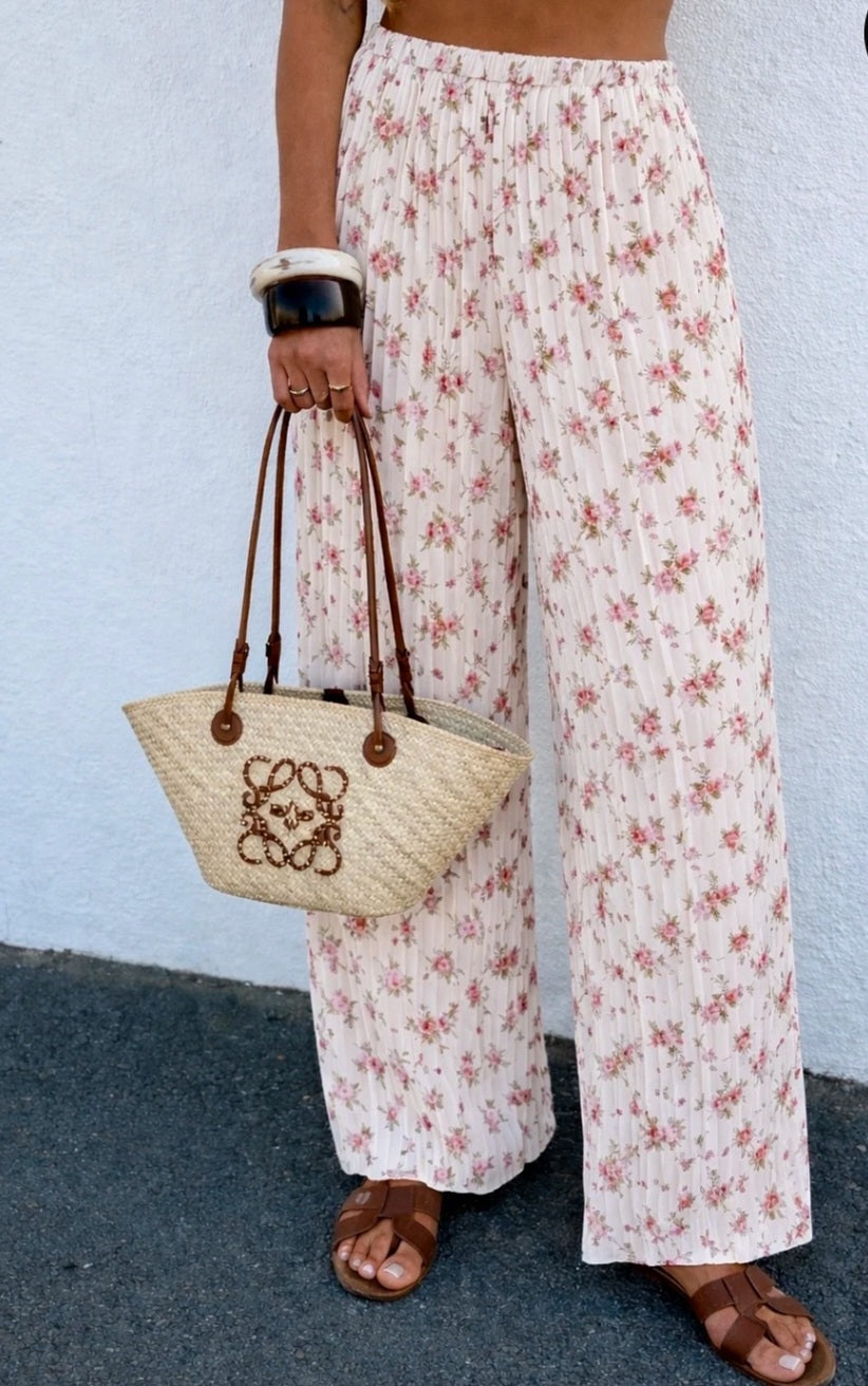 Plisserade blommiga byxor med innerfoder Beige