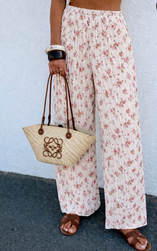 Plisserade blommiga byxor med innerfoder Beige