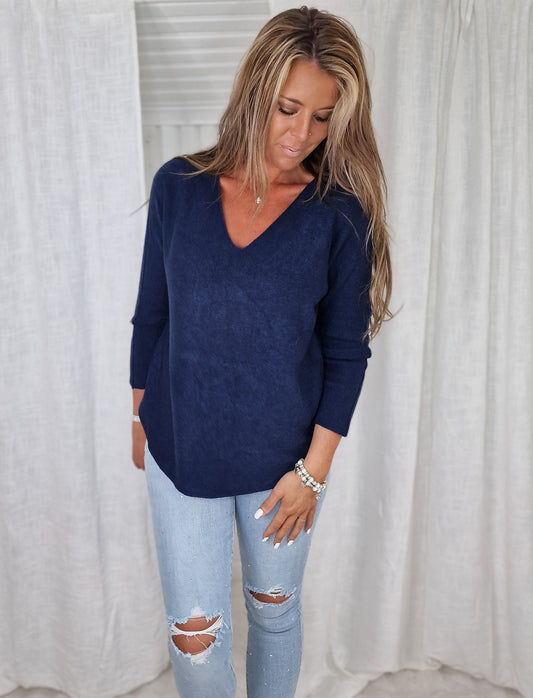 Sömlös stickad tröja marinblå