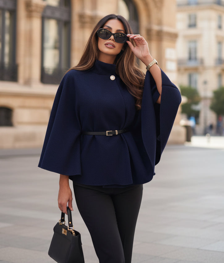 Elegant ponchokappa med bälte Marinblå