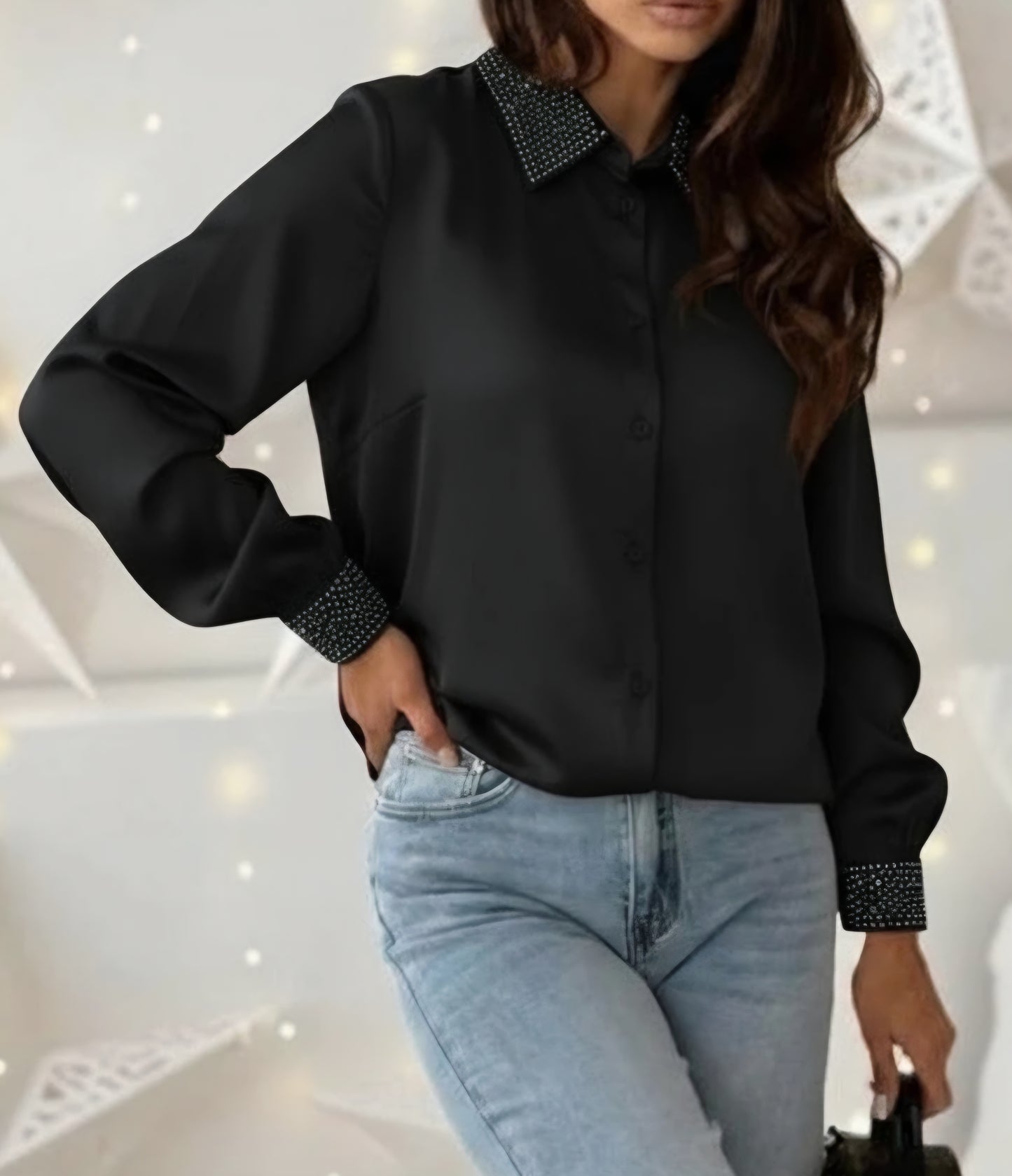 Satinskjorta med krage strass, Svart