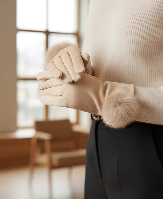 Handske med fuskpäls pompom Beige