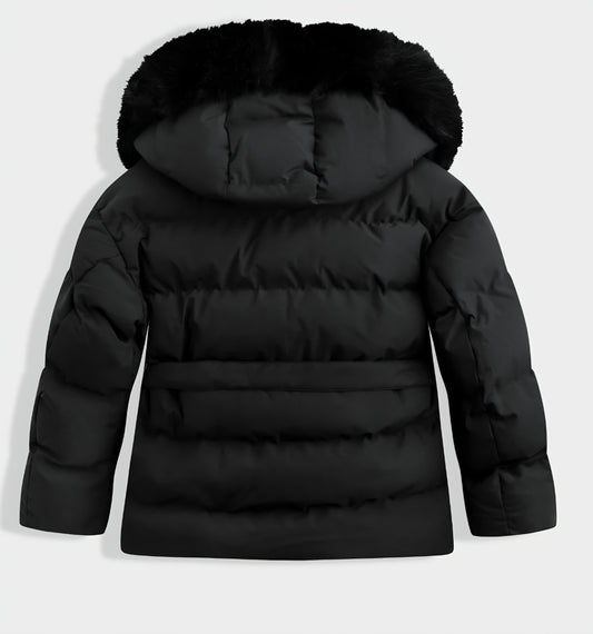 Bältad puffjacka med huva och krage i fuskpäls Svart