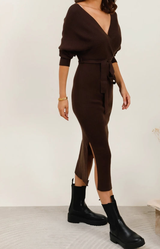 Omlottklänning med skärp Brun