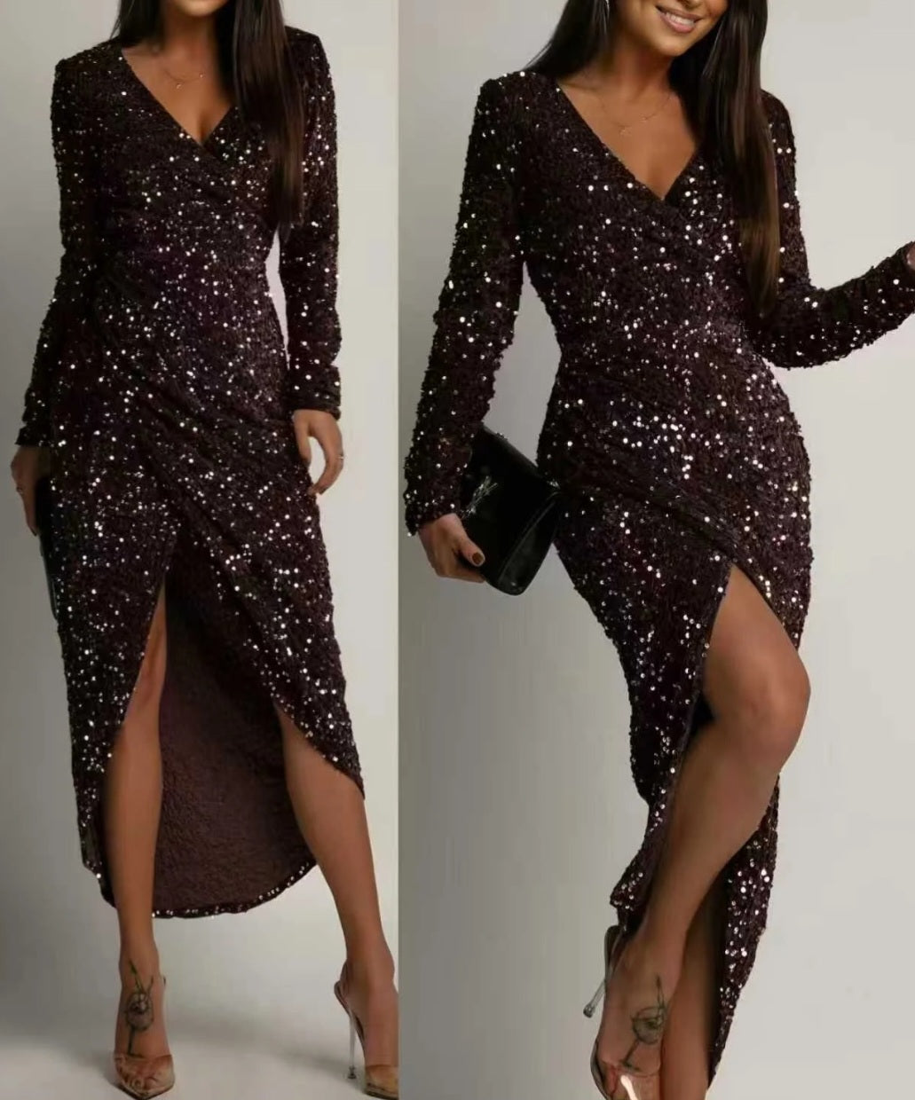 Lång paljettklänning med långa ärmar Brun