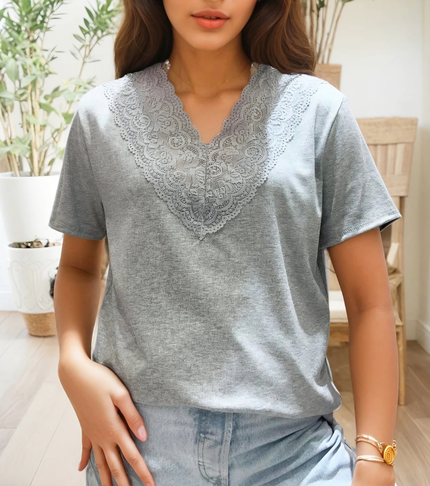 Extra stretchig Grå ribbad t-shirt/lång