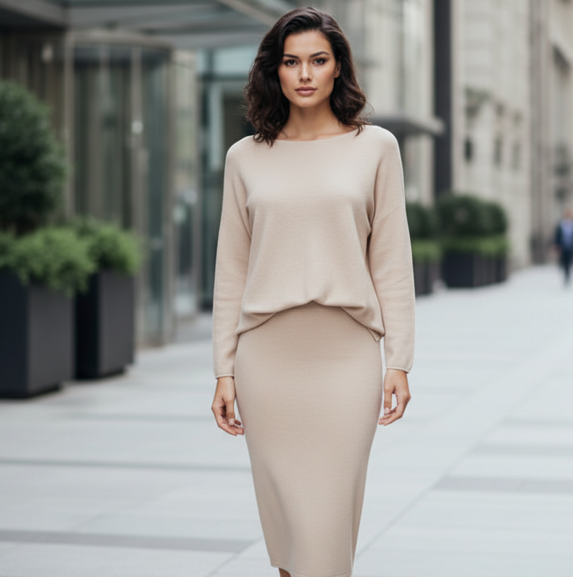 STICKAT SET TRÖJA + KJOL Beige